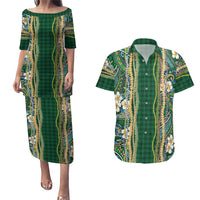 Hawaiian Art Flower Tribal with Lei Couples Matching Puletasi and Hawaiian Shirt Palaka Pattern Green Color LT03 Green - Polynesian Pride