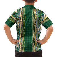 Hawaiian Art Flower Tribal with Lei Family Matching Off The Shoulder Long Sleeve Dress and Hawaiian Shirt Palaka Pattern Green Color LT03 - Polynesian Pride