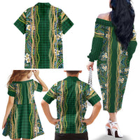 Hawaiian Art Flower Tribal with Lei Family Matching Off The Shoulder Long Sleeve Dress and Hawaiian Shirt Palaka Pattern Green Color LT03 - Polynesian Pride