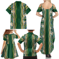 Hawaiian Art Flower Tribal with Lei Family Matching Summer Maxi Dress and Hawaiian Shirt Palaka Pattern Green Color - Polynesian Pride