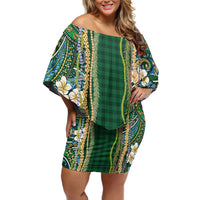 Hawaiian Art Flower Tribal with Lei Off Shoulder Short Dress Palaka Pattern Green Color LT03 Women Green - Polynesian Pride