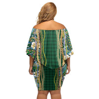Hawaiian Art Flower Tribal with Lei Off Shoulder Short Dress Palaka Pattern Green Color LT03 - Polynesian Pride