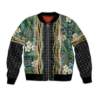 Hawaiian Art Flower Tribal with Lei Bomber Jacket Palaka Pattern Black Color LT03 Unisex Black - Polynesian Pride