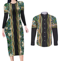 Hawaiian Art Flower Tribal with Lei Couples Matching Long Sleeve Bodycon Dress and Long Sleeve Button Shirt Palaka Pattern Black Color LT03 Black - Polynesian Pride