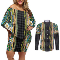 Hawaiian Art Flower Tribal with Lei Couples Matching Off Shoulder Short Dress and Long Sleeve Button Shirt Palaka Pattern Black Color LT03 Black - Polynesian Pride