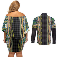 Hawaiian Art Flower Tribal with Lei Couples Matching Off Shoulder Short Dress and Long Sleeve Button Shirt Palaka Pattern Black Color LT03 - Polynesian Pride