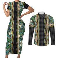 Hawaiian Art Flower Tribal with Lei Couples Matching Short Sleeve Bodycon Dress and Long Sleeve Button Shirt Palaka Pattern Black Color LT03 Black - Polynesian Pride