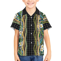 Hawaiian Art Flower Tribal with Lei Family Matching Long Sleeve Bodycon Dress and Hawaiian Shirt Palaka Pattern Black Color - Polynesian Pride