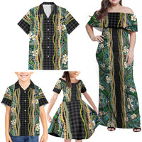 Hawaiian Art Flower Tribal with Lei Family Matching Off Shoulder Maxi Dress and Hawaiian Shirt Palaka Pattern Black Color - Polynesian Pride