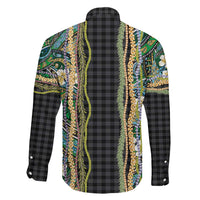 Hawaiian Art Flower Tribal with Lei Family Matching Off Shoulder Maxi Dress and Hawaiian Shirt Palaka Pattern Black Color - Polynesian Pride
