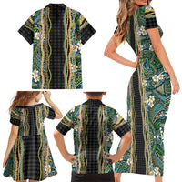 Hawaiian Art Flower Tribal with Lei Family Matching Short Sleeve Bodycon Dress and Hawaiian Shirt Palaka Pattern Black Color - Polynesian Pride