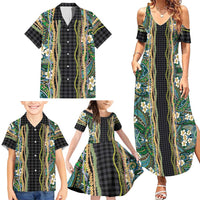 Hawaiian Art Flower Tribal with Lei Family Matching Summer Maxi Dress and Hawaiian Shirt Palaka Pattern Black Color - Polynesian Pride
