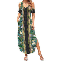 Hawaiian Art Flower Tribal with Lei Family Matching Summer Maxi Dress and Hawaiian Shirt Palaka Pattern Black Color - Polynesian Pride