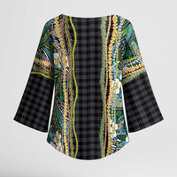Hawaiian Art Flower Tribal with Lei Kimono Sleeve Blouse Palaka Pattern Black Color - Polynesian Pride