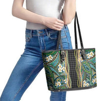 Hawaiian Art Flower Tribal with Lei Leather Tote Bag Palaka Pattern Black Color LT03 - Polynesian Pride