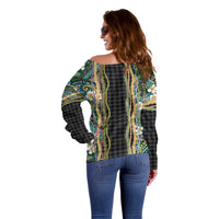 Hawaiian Art Flower Tribal with Lei Off Shoulder Sweater Palaka Pattern Black Color LT03 - Polynesian Pride