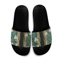Hawaiian Art Flower Tribal with Lei Slide Sandals Palaka Pattern Black Color LT03 Black - Polynesian Pride