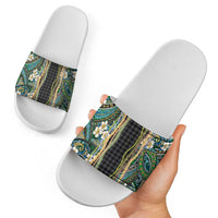Hawaiian Art Flower Tribal with Lei Slide Sandals Palaka Pattern Black Color LT03 - Polynesian Pride