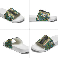 Hawaiian Art Flower Tribal with Lei Slide Sandals Palaka Pattern Black Color LT03 - Polynesian Pride
