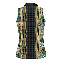 Hawaiian Art Flower Tribal with Lei Women Sleeveless Polo Shirt Palaka Pattern Black Color - Polynesian Pride