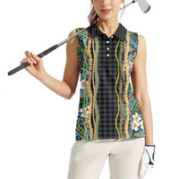 Hawaiian Art Flower Tribal with Lei Women Sleeveless Polo Shirt Palaka Pattern Black Color - Polynesian Pride
