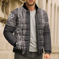 Hawaiian Art Flower Tribal with Lei Bomber Puffer Jacket Palaka Pattern Grayscale LT03 - Polynesian Pride