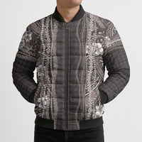 Hawaiian Art Flower Tribal with Lei Bomber Puffer Jacket Palaka Pattern Grayscale LT03 - Polynesian Pride