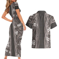 Hawaiian Art Flower Tribal with Lei Couples Matching Short Sleeve Bodycon Dress and Hawaiian Shirt Palaka Pattern Grayscale - Polynesian Pride
