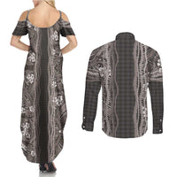Hawaiian Art Flower Tribal with Lei Couples Matching Summer Maxi Dress and Long Sleeve Button Shirt Palaka Pattern Grayscale - Polynesian Pride