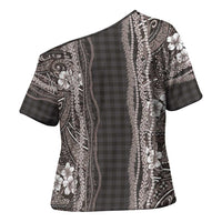 Hawaiian Art Flower Tribal with Lei Cross Shoulder Shirt Palaka Pattern Grayscale LT03 - Polynesian Pride