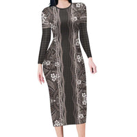 Hawaiian Art Flower Tribal with Lei Family Matching Long Sleeve Bodycon Dress and Hawaiian Shirt Palaka Pattern Grayscale - Polynesian Pride