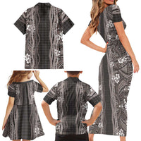 Hawaiian Art Flower Tribal with Lei Family Matching Short Sleeve Bodycon Dress and Hawaiian Shirt Palaka Pattern Grayscale - Polynesian Pride
