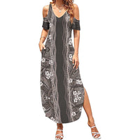 Hawaiian Art Flower Tribal with Lei Summer Maxi Dress Palaka Pattern Grayscale LT03 Women Gray - Polynesian Pride