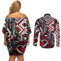 Aotearoa Maori Moko Art with Taniko Half Style Couples Matching Off Shoulder Short Dress and Long Sleeve Button Shirt
