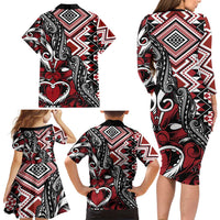Aotearoa Maori Moko Art with Taniko Half Style Family Matching Long Sleeve Bodycon Dress and Hawaiian Shirt