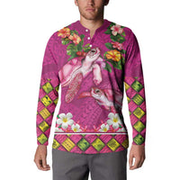 Hawaiian Lei Turtle and Plumeria Button Sweatshirt Polynerian Art Tattoo-Plum Pink Color