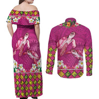 Hawaiian Lei Turtle and Plumeria Couples Matching Off Shoulder Maxi Dress and Long Sleeve Button Shirt Polynerian Art Tattoo-Plum Pink Color