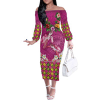 Hawaiian Lei Turtle and Plumeria Family Matching Off The Shoulder Long Sleeve Dress and Hawaiian Shirt Polynerian Art Tattoo-Plum Pink Color