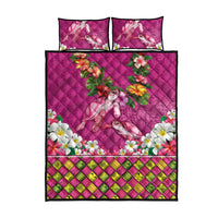 Hawaiian Lei Turtle and Plumeria Quilt Bed Set Polynerian Art Tattoo-Plum Pink Color