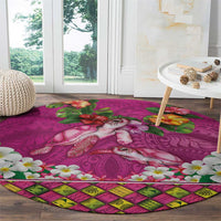 Hawaiian Lei Turtle and Plumeria Round Carpet Polynerian Art Tattoo-Plum Pink Color