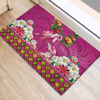 Hawaiian Lei Turtle and Plumeria Rubber Doormat Polynerian Art Tattoo-Plum Pink Color