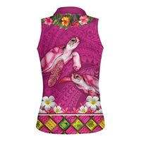 Hawaiian Lei Turtle and Plumeria Women Sleeveless Polo Shirt Polynerian Art Tattoo-Plum Pink Color