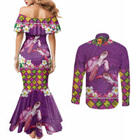 Hawaiian Lei Turtle and Plumeria Couples Matching Mermaid Dress and Long Sleeve Button Shirt Polynerian Art Tattoo-Mauve Color