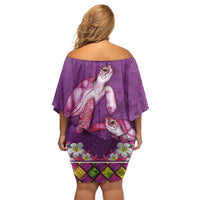 Hawaiian Lei Turtle and Plumeria Family Matching Off Shoulder Short Dress and Hawaiian Shirt Polynerian Art Tattoo-Mauve Color