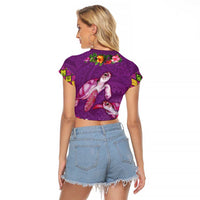 Hawaiian Lei Turtle and Plumeria Raglan Cropped T Shirt Polynerian Art Tattoo-Mauve Color