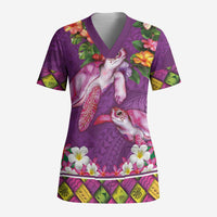 Hawaiian Lei Turtle and Plumeria Scrub Top Polynerian Art Tattoo-Mauve Color - Polynesian Pride