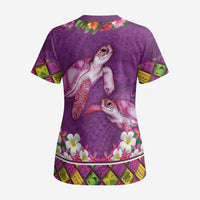 Hawaiian Lei Turtle and Plumeria Scrub Top Polynerian Art Tattoo-Mauve Color - Polynesian Pride