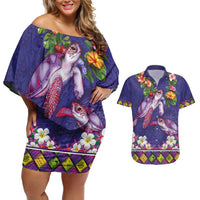 Hawaiian Lei Turtle and Plumeria Couples Matching Off Shoulder Short Dress and Hawaiian Shirt Polynerian Art Tattoo-Navy Color