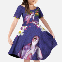 Hawaiian Lei Turtle and Plumeria Family Matching Long Sleeve Bodycon Dress and Hawaiian Shirt Polynerian Art Tattoo-Navy Color