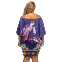 Hawaiian Lei Turtle and Plumeria Family Matching Off Shoulder Short Dress and Hawaiian Shirt Polynerian Art Tattoo-Navy Color